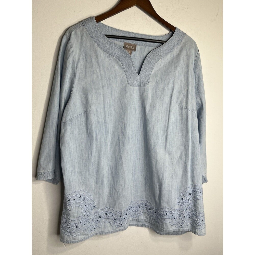 Chicos Size 3 Eyelet Denim embroidered 3/4 sleeve blouse (13)